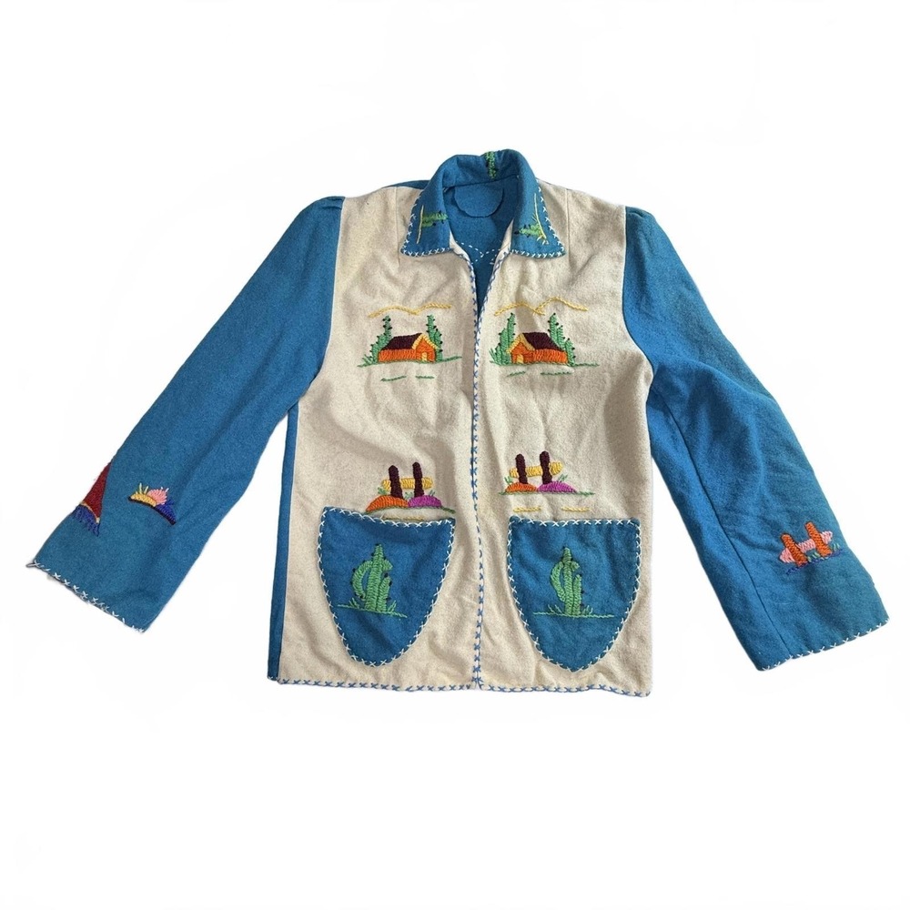 Women's Vintage Handmade Embroidered Wool Jacket with Mexican Desert size SM